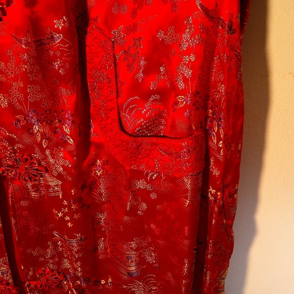 PEONY Brand Red Japanese Garden Print Long Kimono Duster 40 Large Silky Dramatic - Picture 4 of 6